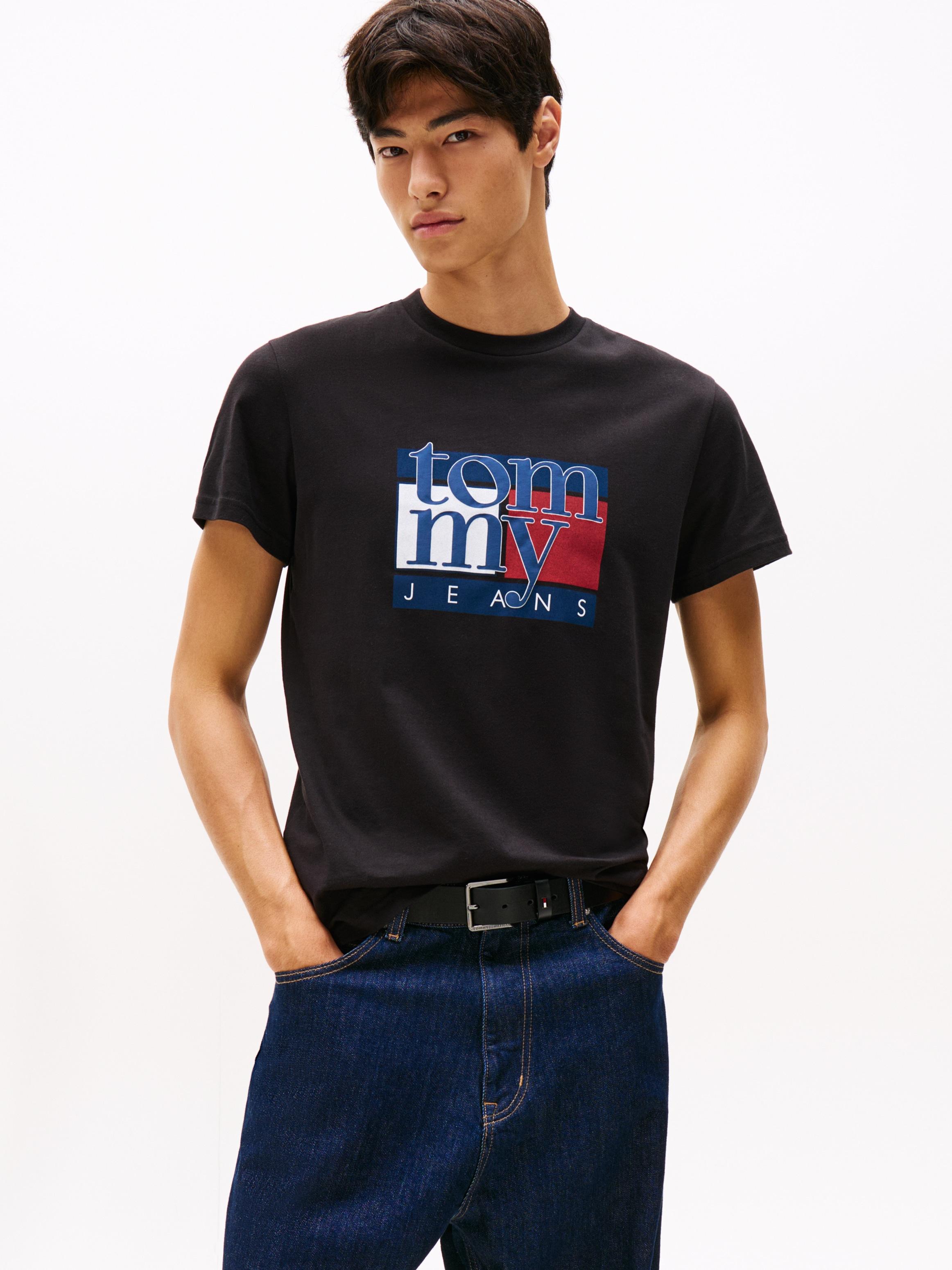 T-Shirt Tommy Jeans "Tjm RWB Flag TEE Ext", Herren, Gr. Xl, Schwarz, Single Jersey, Obermaterial: 100% Baumwolle, Slim Fit HüFtbedeckend, Rundhals, Shirts T-Shirt, Slim Fit, Mit Rundhals