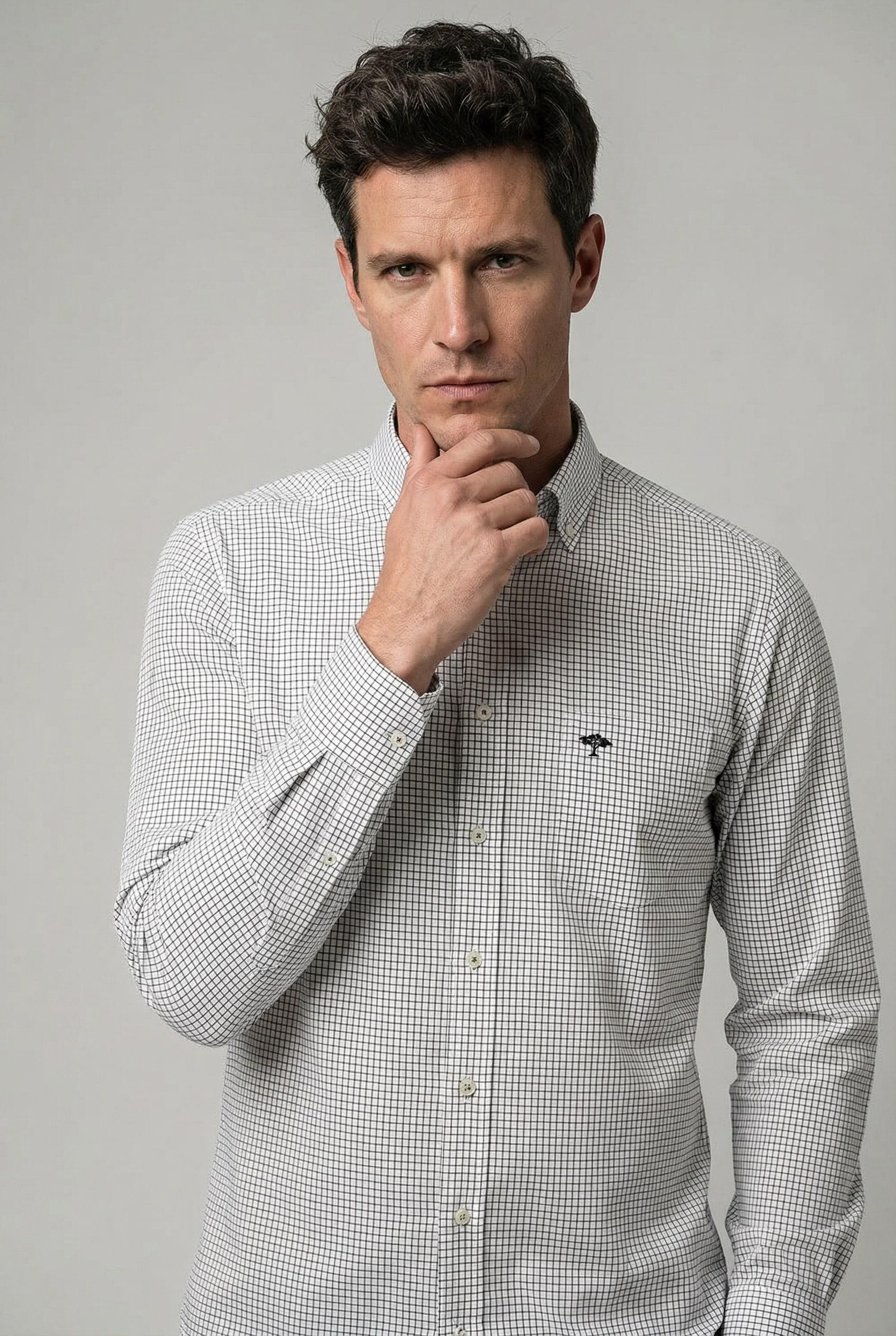 Langarmhemd FYNCH-HATTON, Herren, Gr. Xl, N-Gr, Navy Check, Web, Obermaterial: 100% Baumwolle, Gestreift, Normal HüFtbedeckend, Rundhals, 2-Knopf-Manschette, Hemden, Normale Passform, Aus Baumwolle, Mit Brusttasche