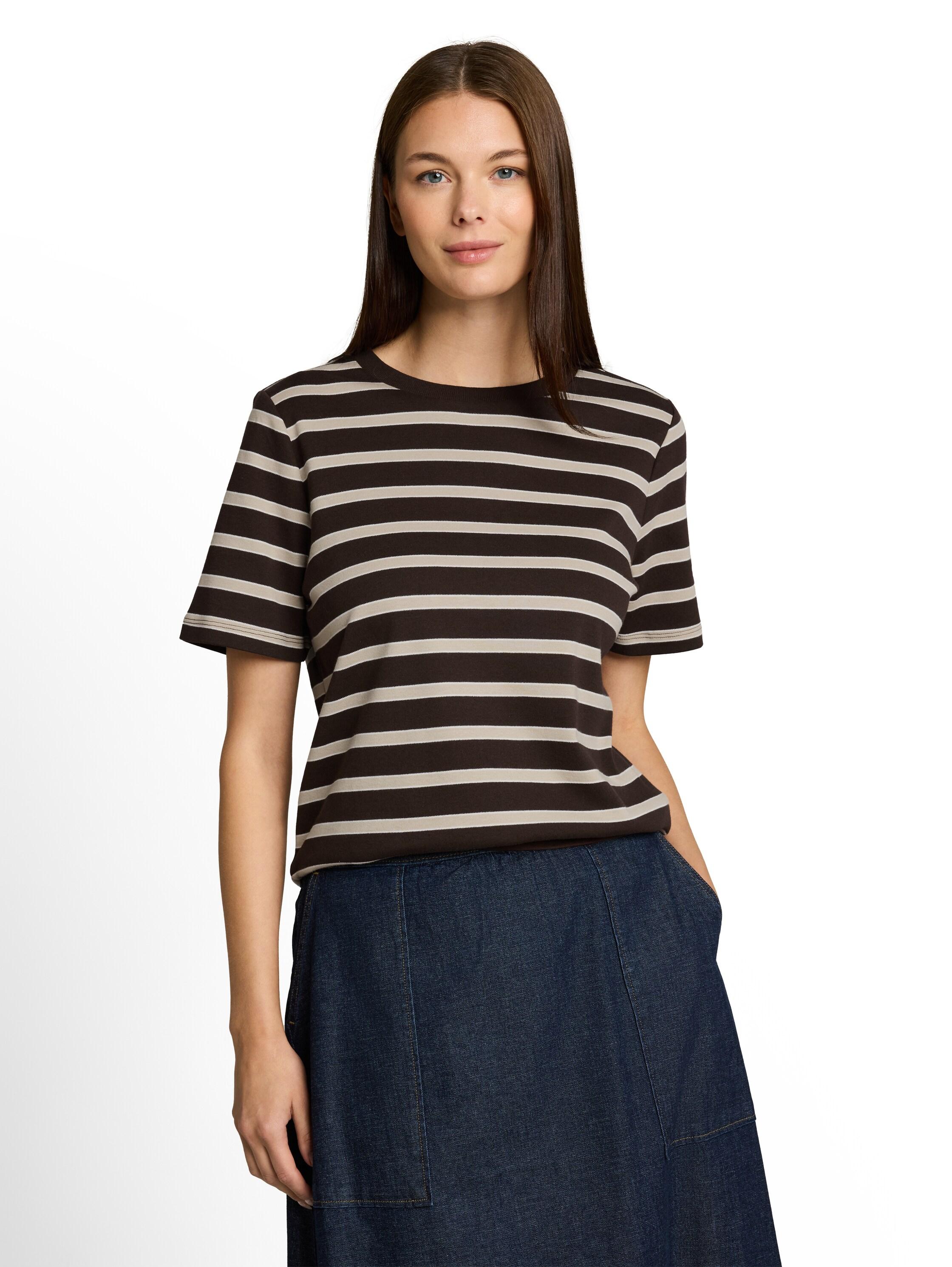 Kurzarmshirt Tom Tailor, Damen, Gr. 3XL, Braun (Braun Beige), Jersey, Obermaterial: 100% Baumwolle, Gestreift, Normal HüFtbedeckend, Rundhals, Abgesteppte Kante, Shirts, Sommershirt Mit Prints Und Rundhals