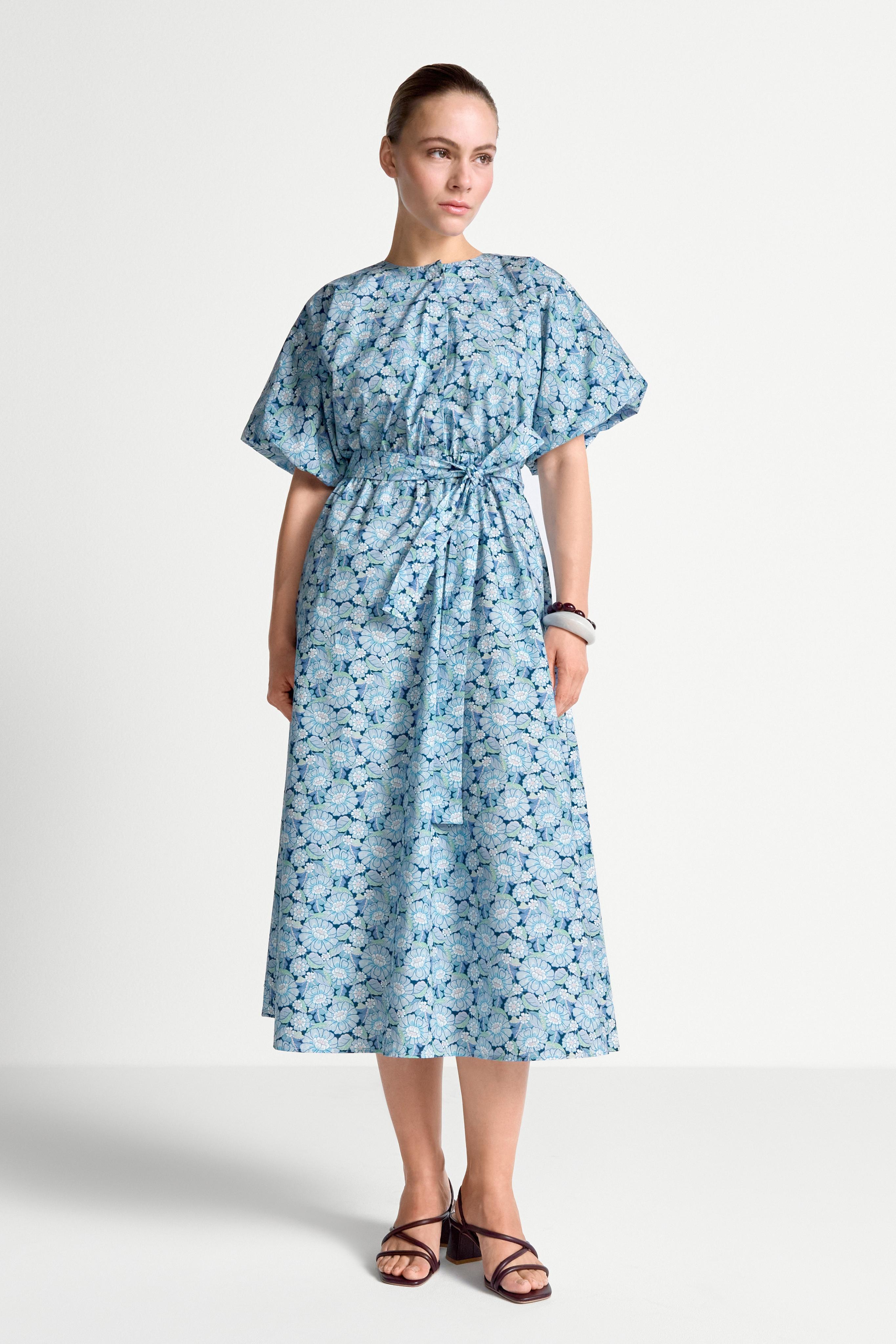 Midikleid Richroyal, Damen, Gr. 38, N-Gr, Midnight Blau, Web, Obermaterial: 100% Baumwolle, GeblüMt, Regular Fit, Rundhals, Eingesetzt Gerader Abschluss, Kleider Midikleid, Im Liberty Print, Mit BindegüRtel
