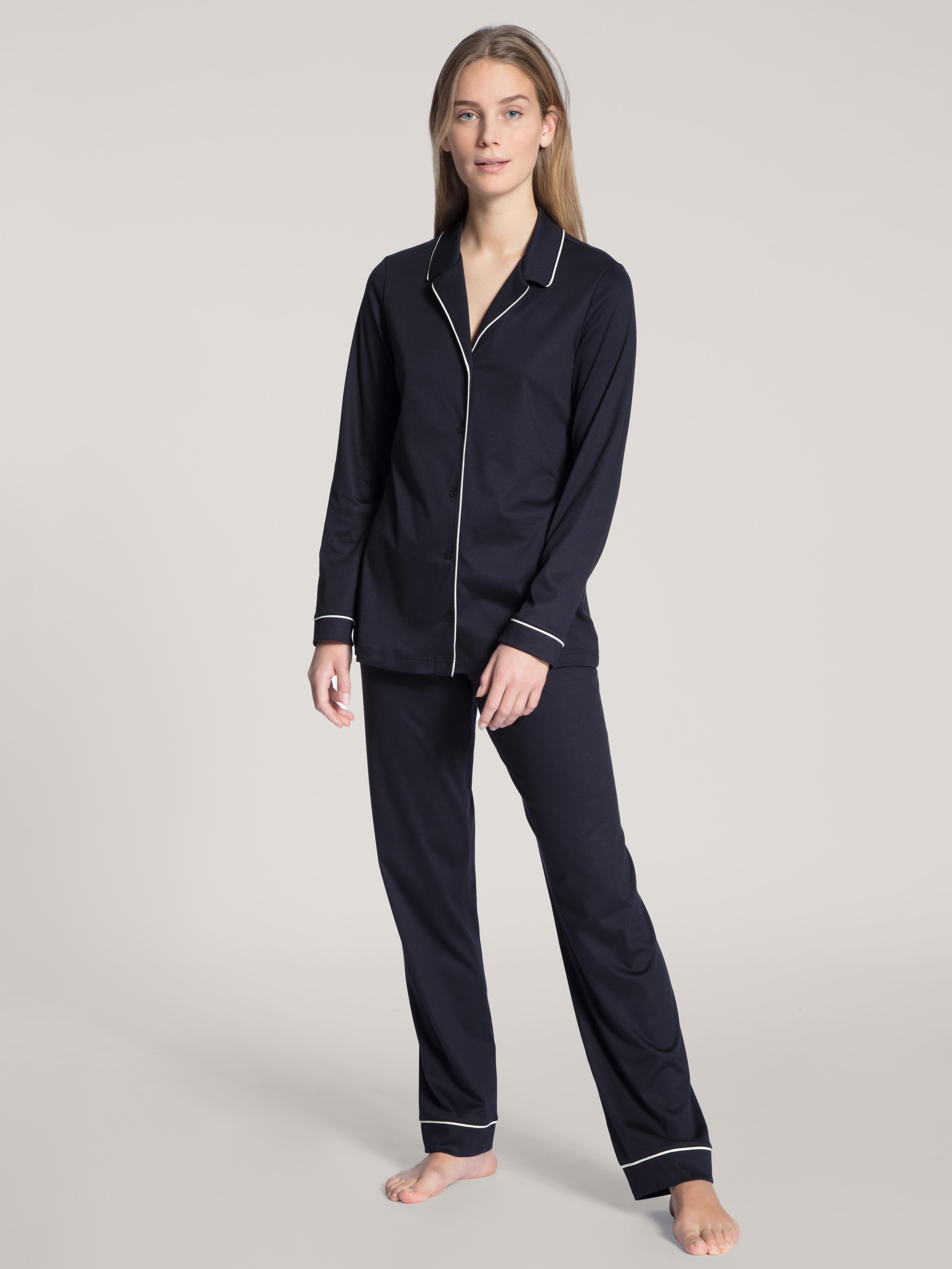 Schlafanzug Calida "Night Lovers", Damen, Gr. S (40/42), Blau (Schwarz Lapis Blau), Interlock, Obermaterial: 100% Baumwolle, Bequem Lang, V-Ausschnitt, Homewear-Sets Schlafanzug, Knopfleiste, Pure Cotton, Interlock-QualitäT, Langarm