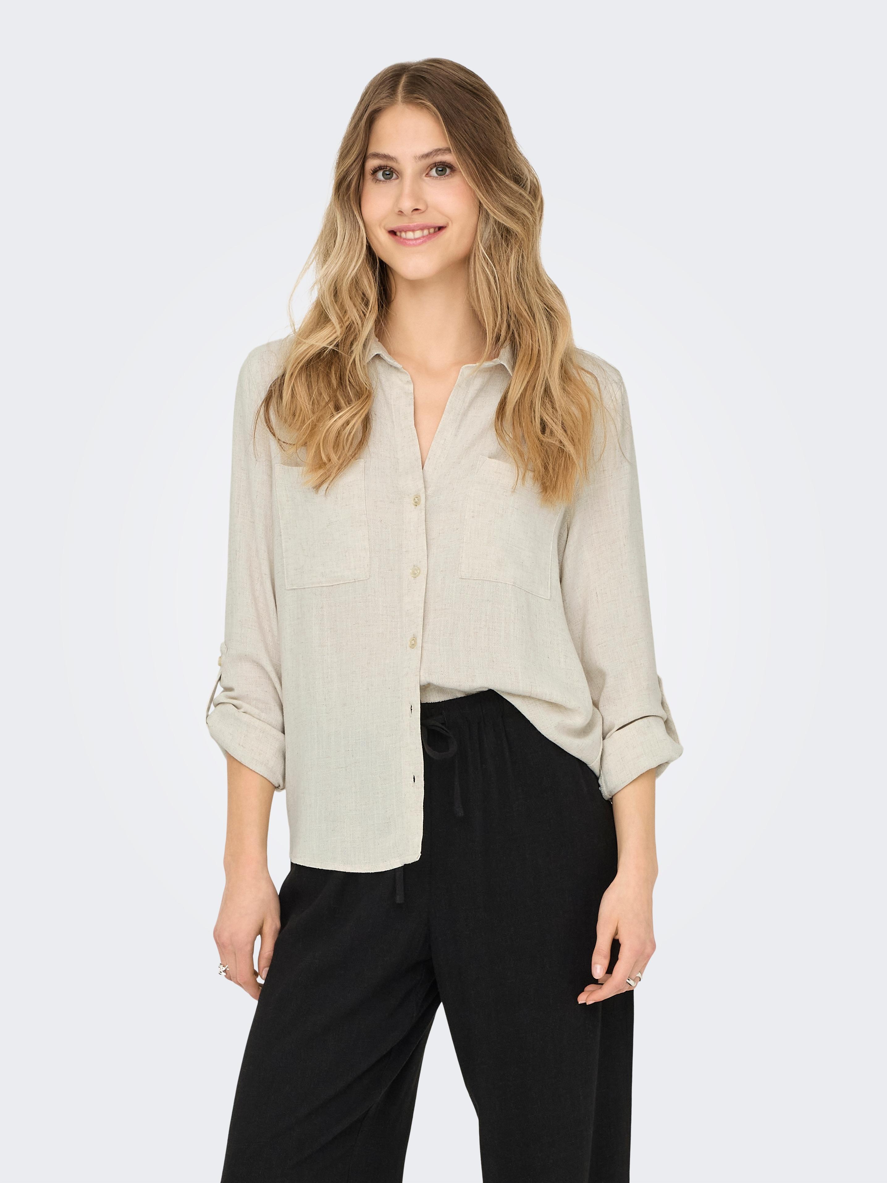 Langarmbluse Only "ONLYASMIN-SIESTA Ls Linen Bl Shirt Pnt", Damen, Gr. S, Gelb (Moonbeam), Web, Obermaterial: 80% Viskose, 20% Leinen, Unifarben, Oversize, Blusen