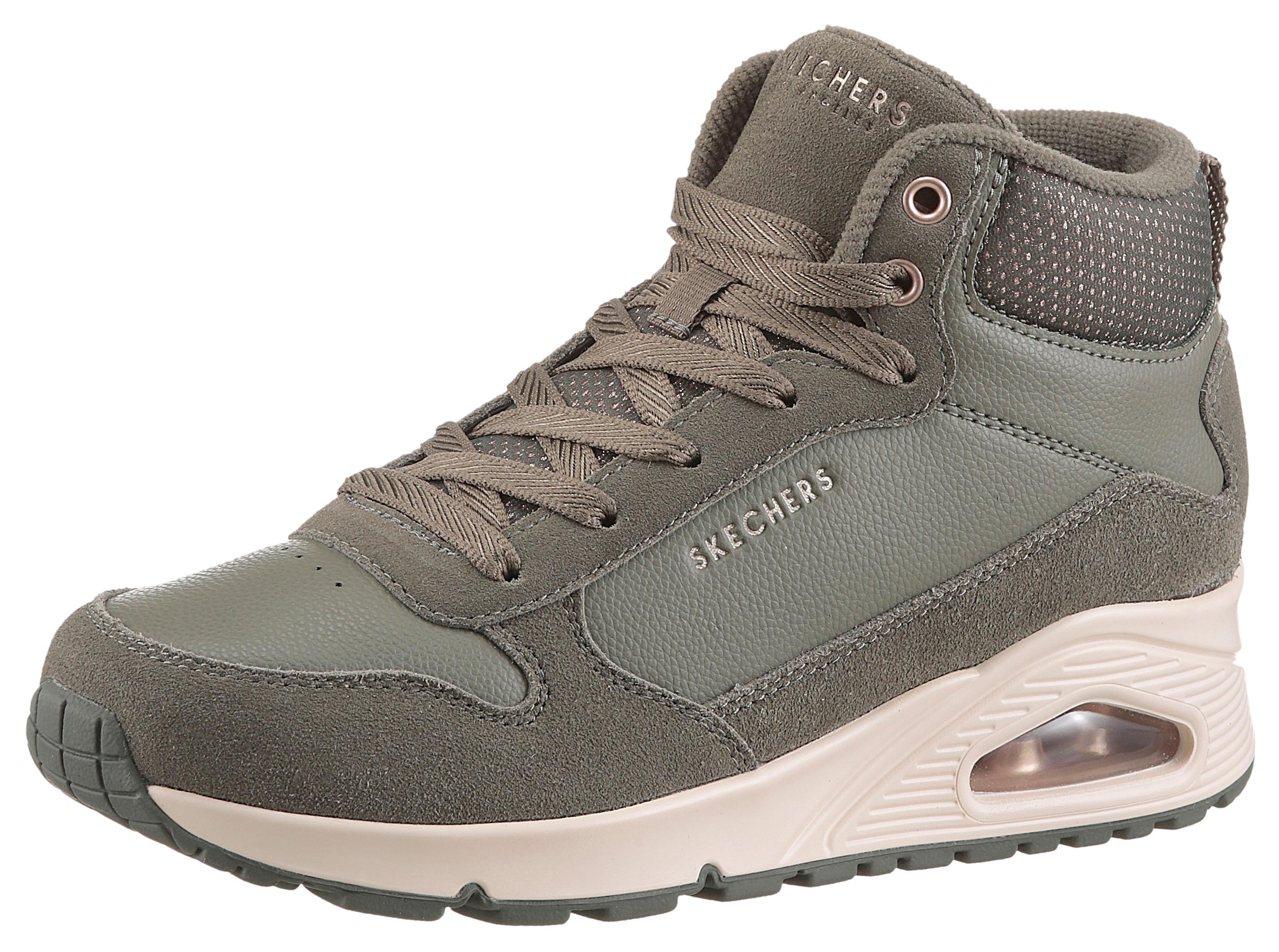 Keilsneaker Skechers "UNO-STACRE Shine", Damen, Gr. 40, GrüN (OlivgrüN), Lederimitat, Textil, Veloursleder, Schuhe, High Top Sneaker, SchnüRboots Mit Luftkammern Sohle