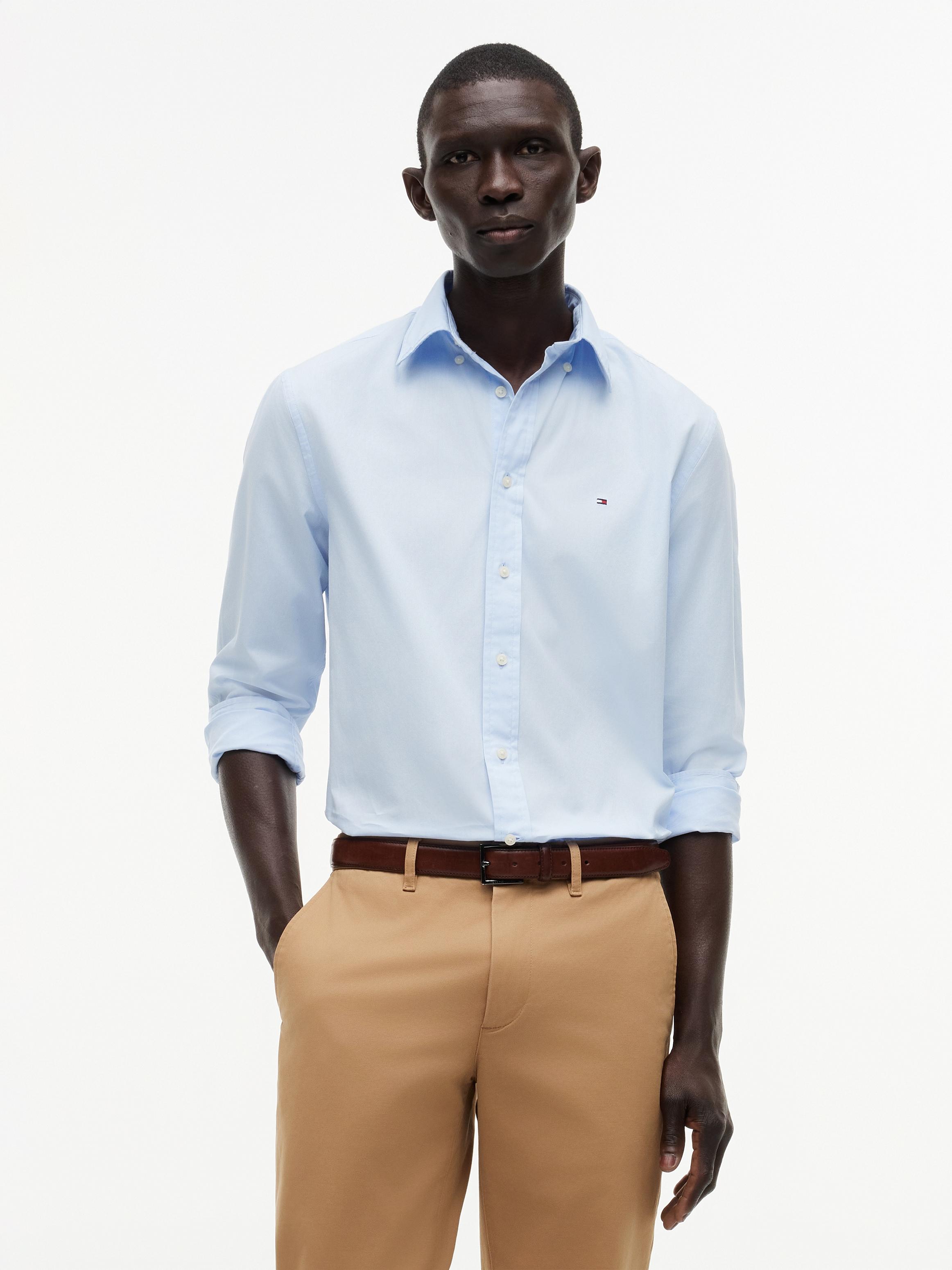 Langarmhemd Tommy Hilfiger "Core Flex Poplin Solid Regular Fit Shirt", Herren, Gr. L, N-Gr, Blau (Sweet Blau), Web, Obermaterial: 100% Baumwolle, Regular Fit, Manschette, Hemden