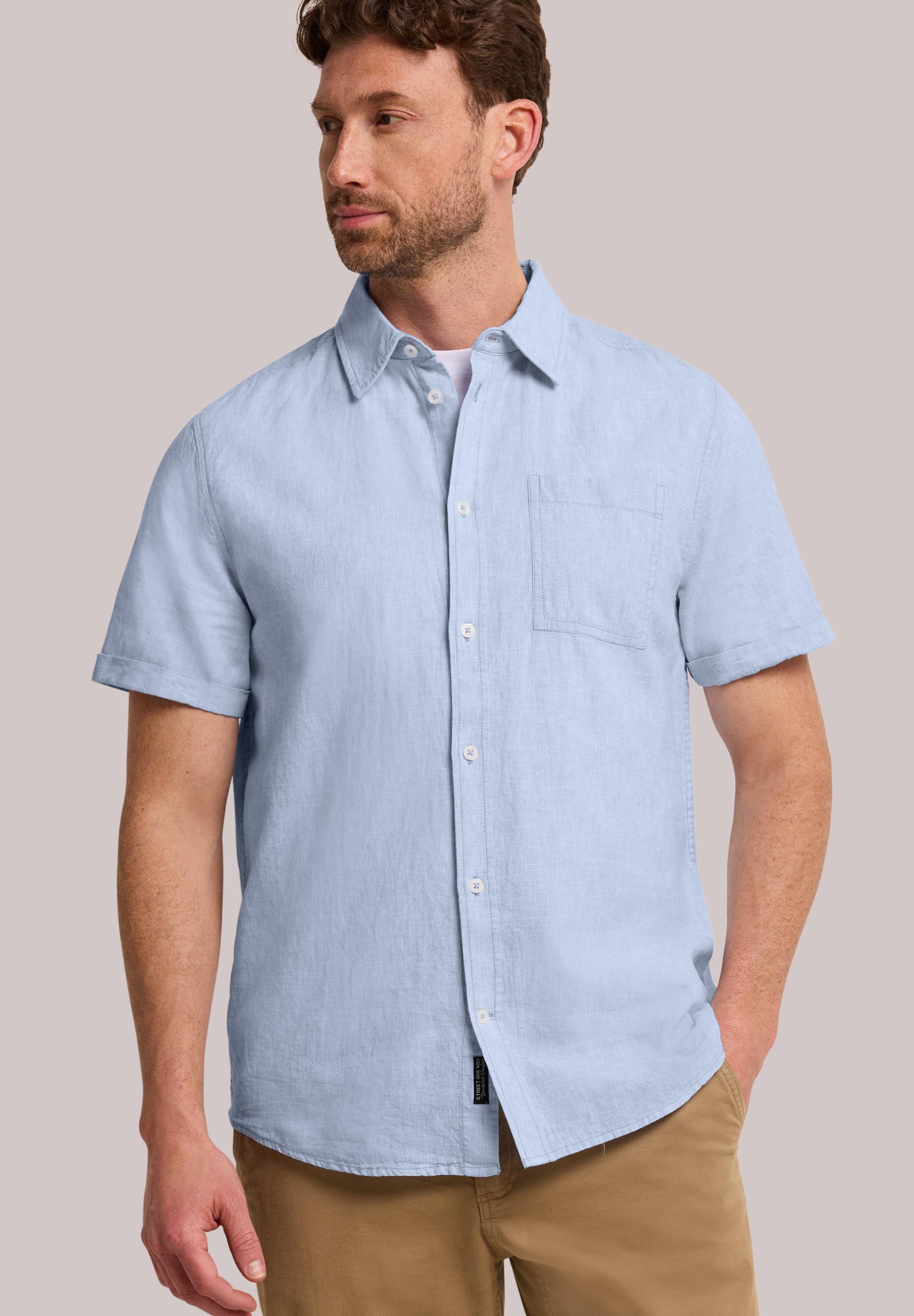 Kurzarmhemd Street One Men, Herren, Gr. M (40), Us-GrößEn, Spring Blau, Stoff, 55% Leinen, 45% Baumwolle, Unifarben, Regular Fit Normal, V-Ausschnitt, BüNdchen, Hemden, Mit Leinenanteil