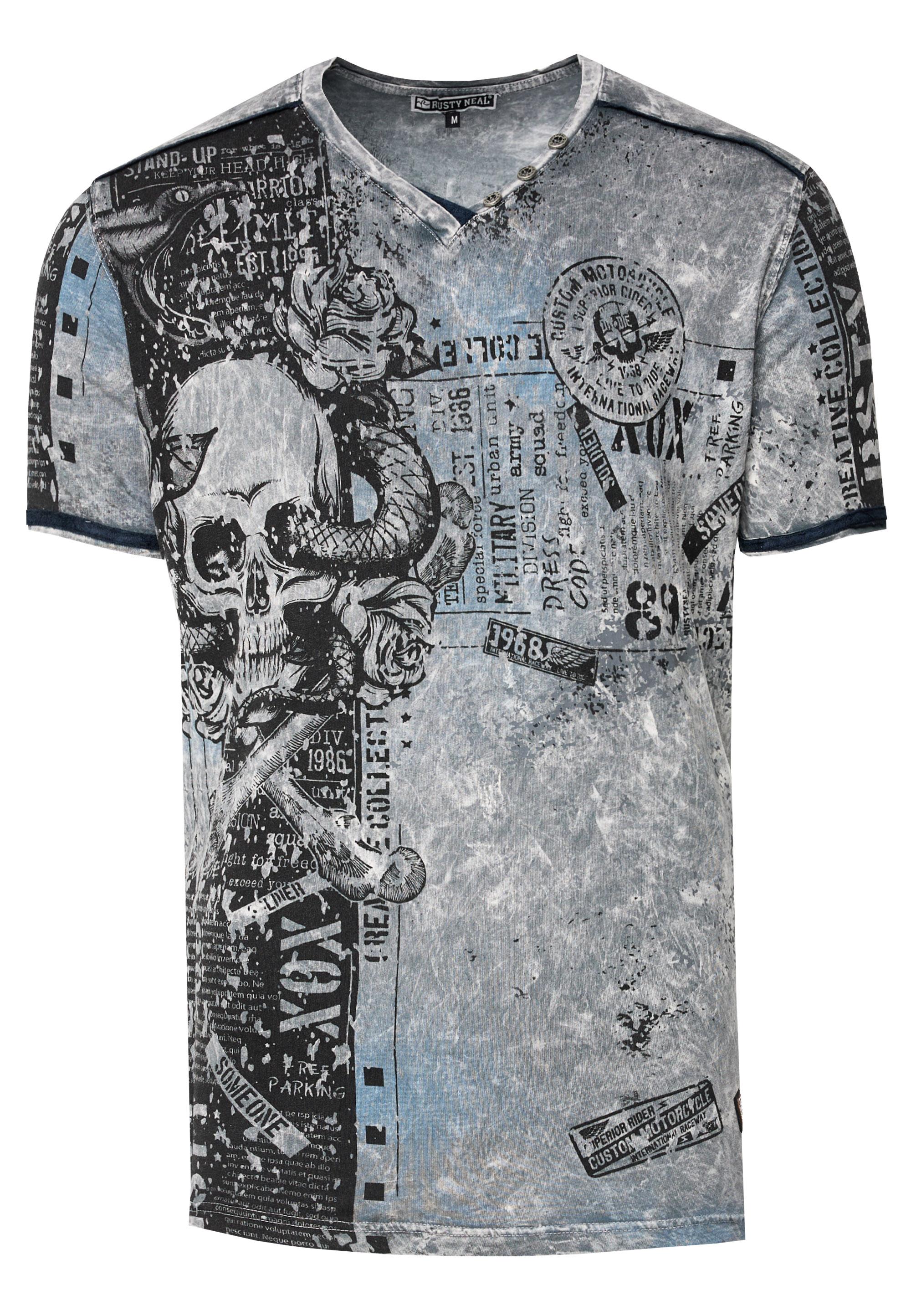 V-Neck T-Shirt Mit All Over Skull X Snake Print Und Wildleder-Details