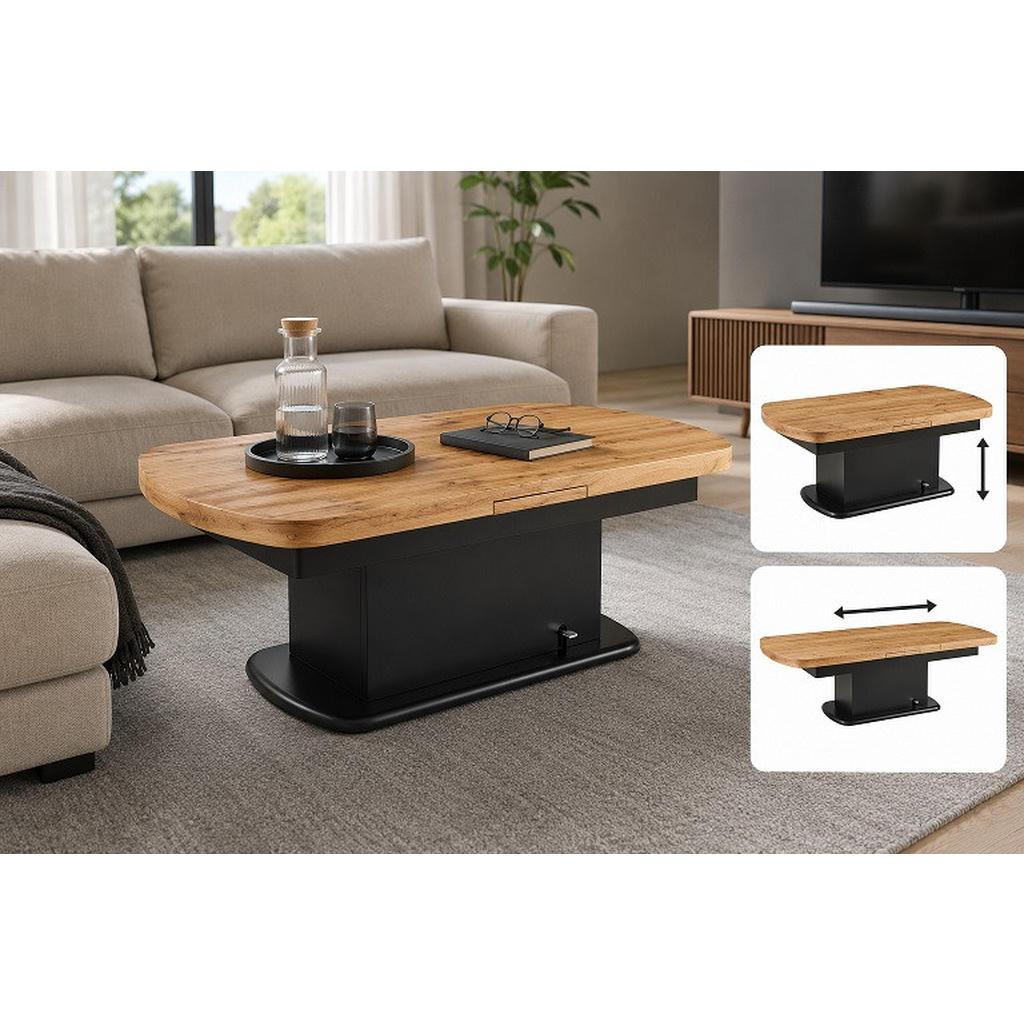 Livetastic Couchtisch , Schwarz, Eichefarben , Holz , Eiche , oval , Sockel , 75x51-79.9x135-160 cm , ausziehbar, höhenverstellbar, einfacher Aufbau , Wohnzimmer, Wohnzimmertische, Couchtische, Couchtische rund